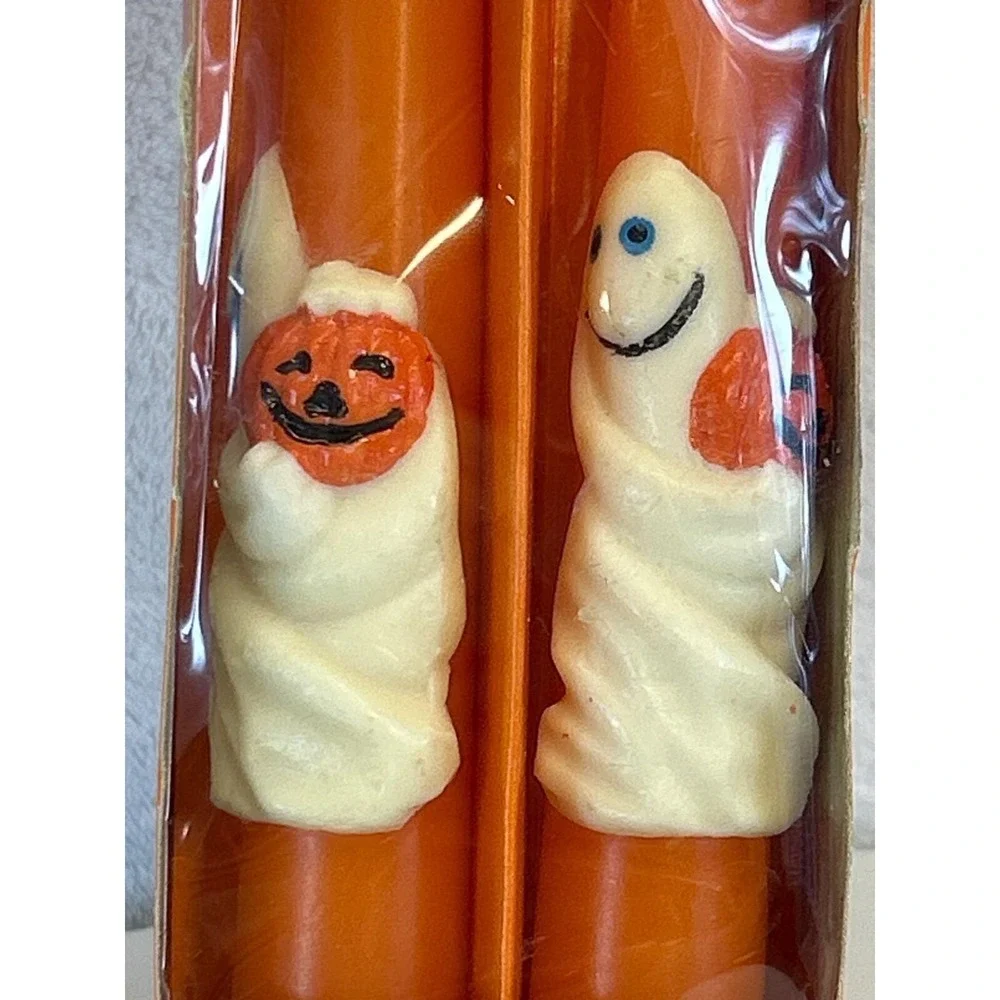 Vintage K-Mart 2-Pack Halloween Taper Candles Orange Ghost holding Pumpkin
